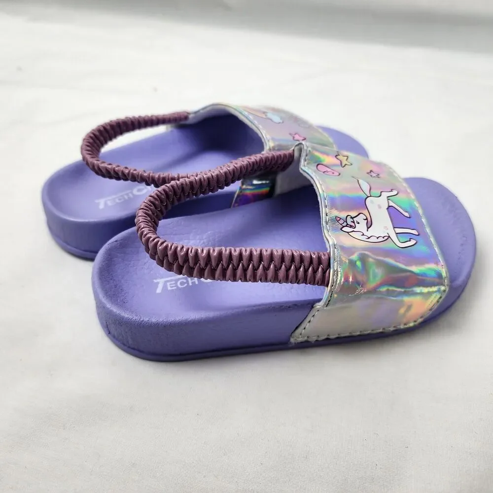 Girls Size 9.5-10 Kids Unicorn Sandals with Strap Slip-On Silver Iridescent NEW